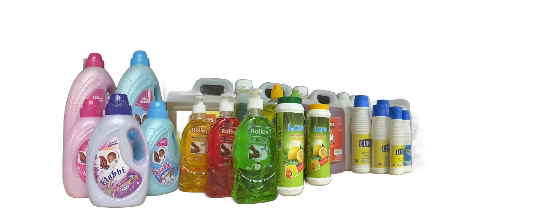 The full Lufion product range - Lufix bleach, Lora dishwashing and scouring, Flabbi fabric conditioner, and Rolles handwash, sanitizer, and disinfectant